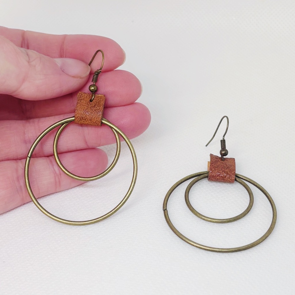 Faux Leather and Antiqued Brass Artisan Double Circle Dangle Earrings!